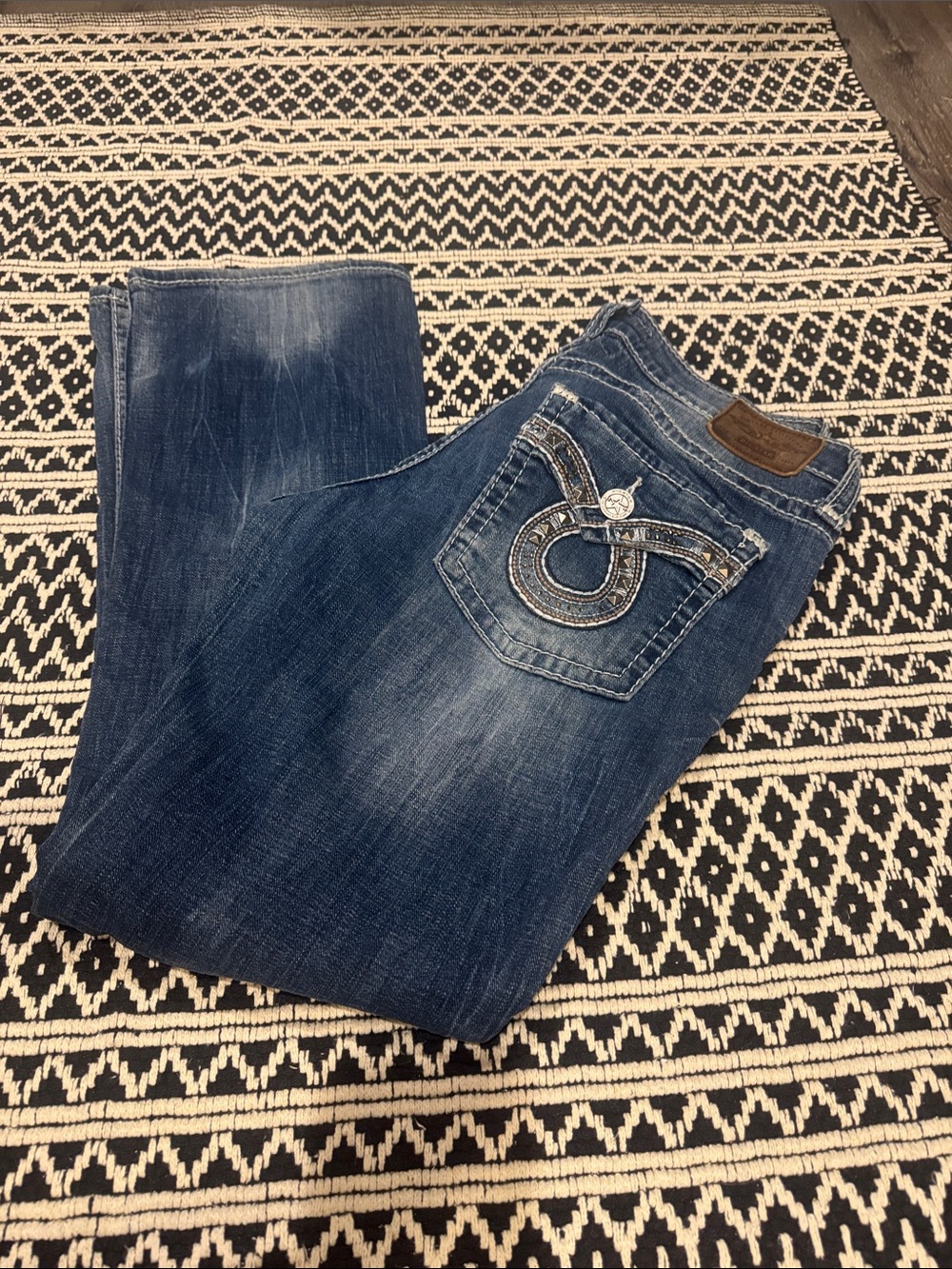 Big Star Womans Distressed Blue Straight Jeans with Embroidered Back Pocket